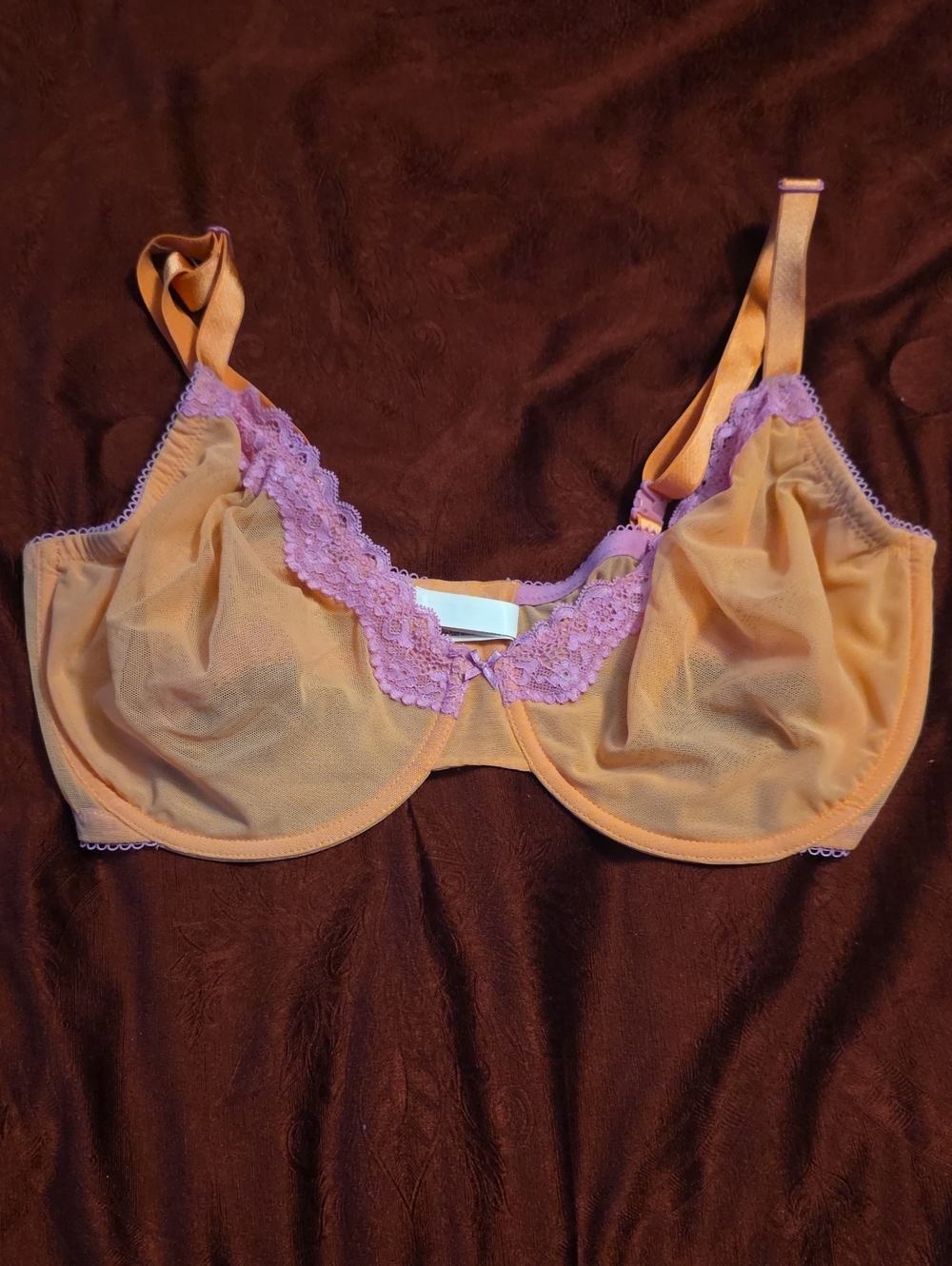 Victoria's Secret Peach Mesh Underwire Bra with Pink Lace 38DDD